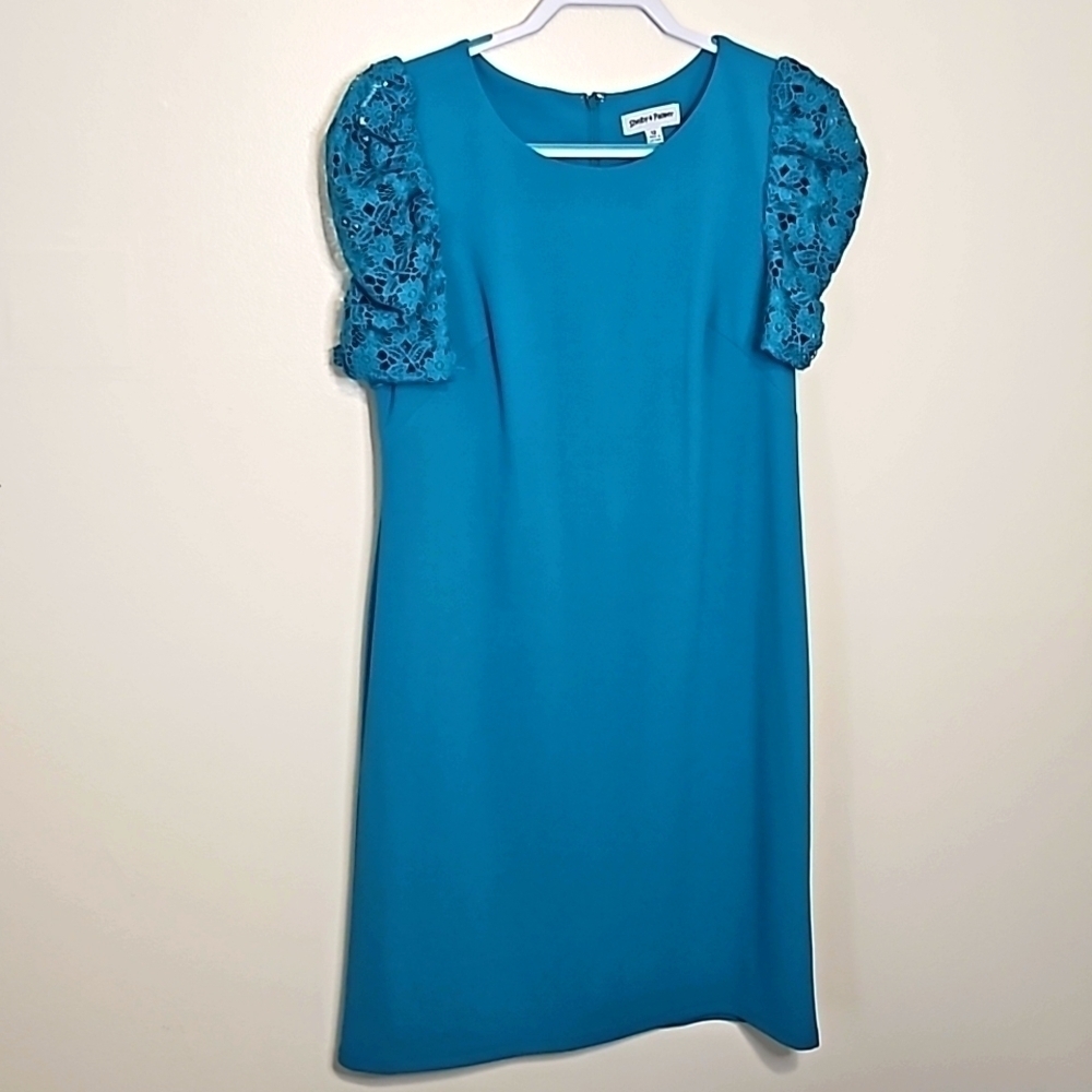 Shelby and Palmer Teal Sheath Dress Eyelet Lace Puff Sleeves Size 12